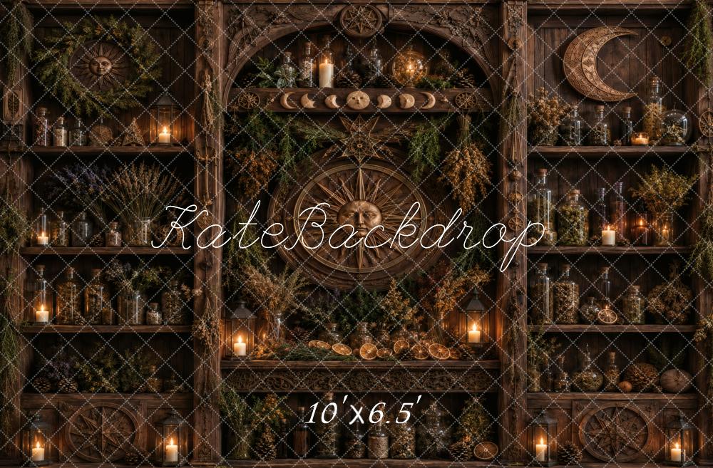 Kate Witch Apothecary Witchcraft Shelves Printed Backdrop Designed by Vertigo Productions