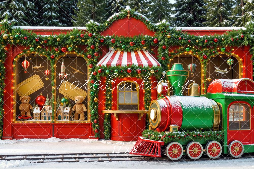 Kate Christmas Polar Train Toy Shop Red Garland Snow Printed Backdrop Designed by Mini MakeBelieve