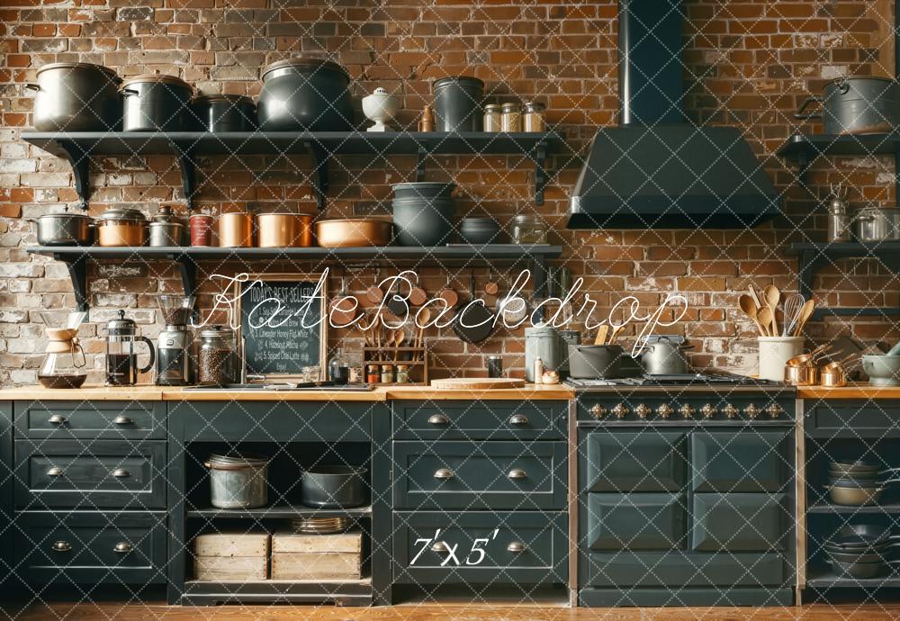 Kate Rustic Kitchen Brick Wall Shelves Cookware Backdrop Designed by Chain Photography