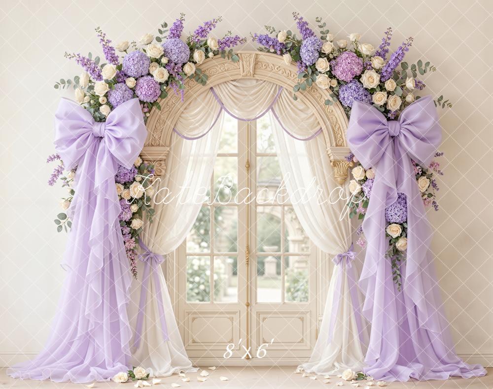 Kate Mother's Day Flower Arch Purple Bow Drapes Window Printed Backdrop Designed by Emetselch