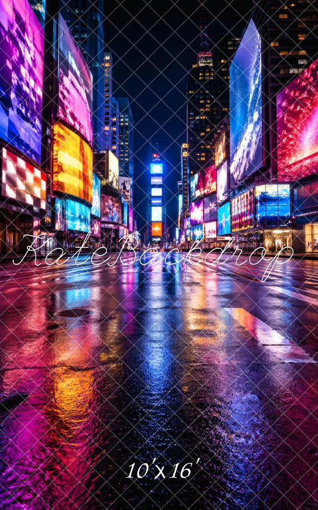 Kate Sweep Neon City Street Billboards Night Reflections Printed Backdrop Designed by Vertigo Productions