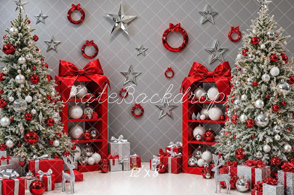 Kate Christmas Glitter Red Silver Trees Shelves Gift Boxes Printed Backdrop Designed by Mini MakeBelieve