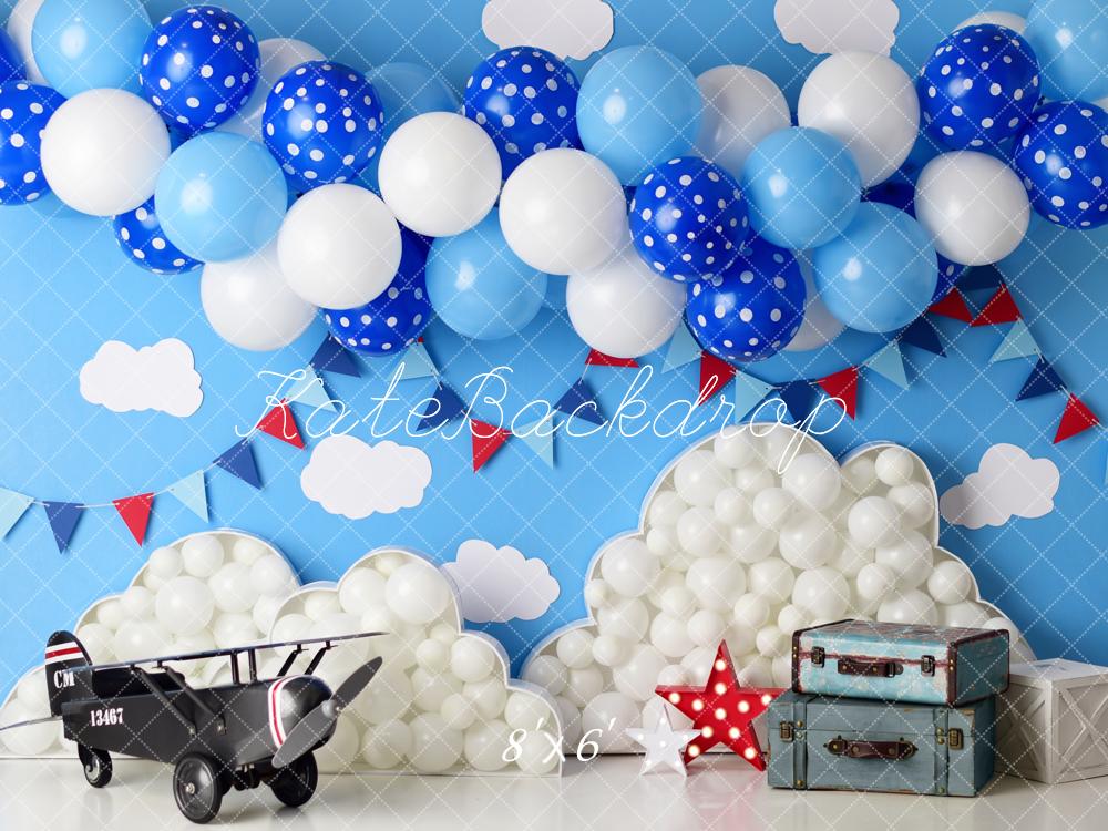 Kate Cake Smash Airplane Clouds Balloons Blue Sky Printed Backdrop Designed by Mandy Ringe Photography