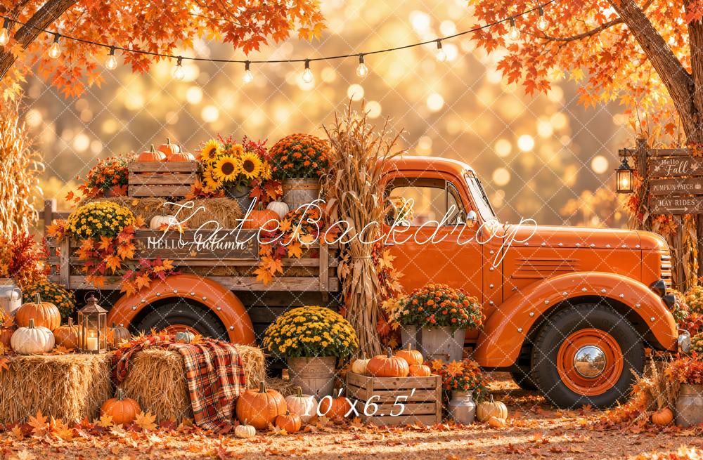 Kate Fall Orange Vintage Truck Pumpkin Harvest Forest Printed Backdrop Designed by Emetselch