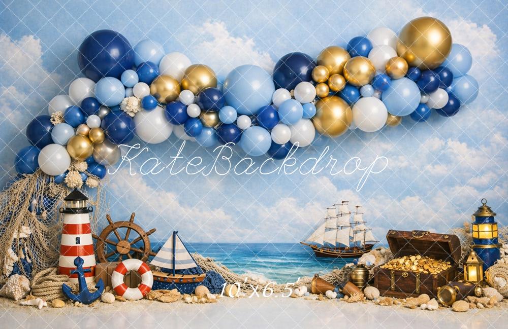 Kate Nautical Balloons Pirate Ship Treasure Lighthouse Printed Backdrop Designed by Caitlin Lynch