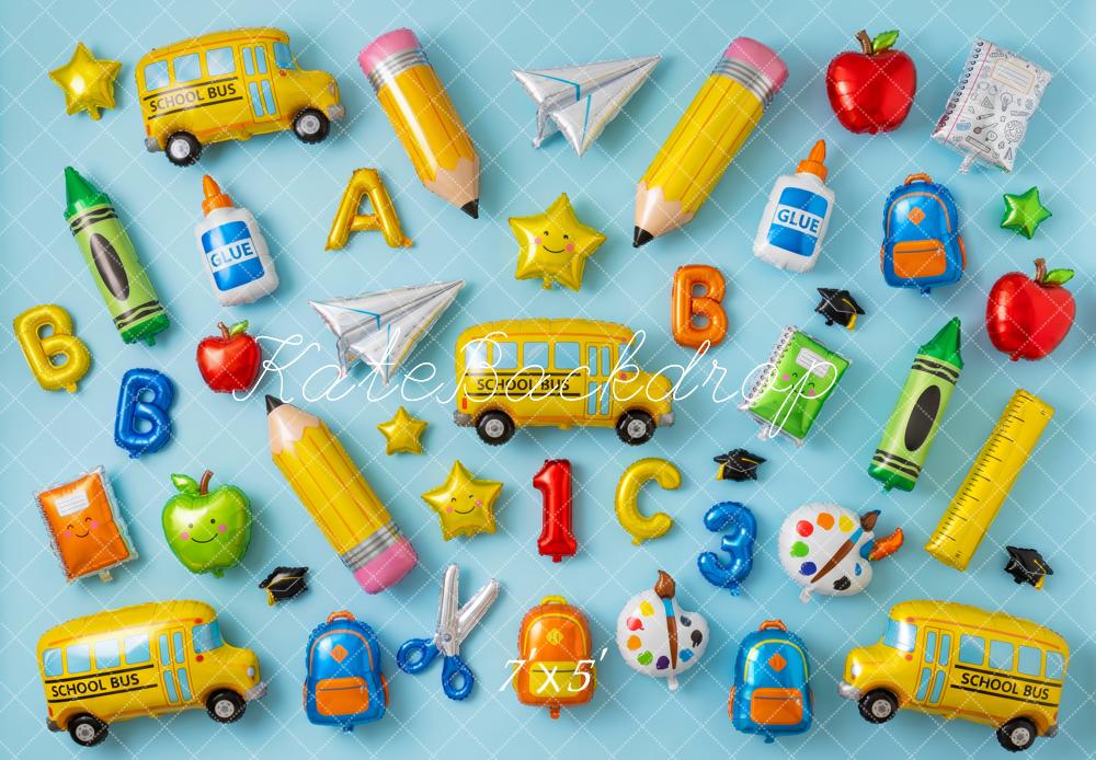 Kate Back to School Balloons School Bus Pencils Apples Blue Printed Backdrop Designed by Patty Roberts