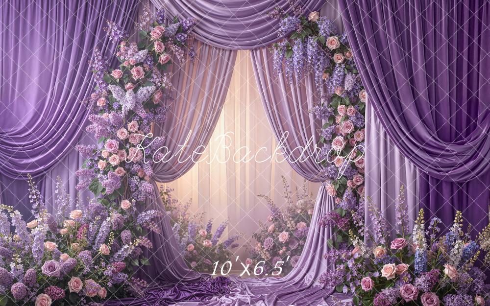 Kate Spring Purple Drapes Flower Arch Printed Backdrop Designed by Emetselch