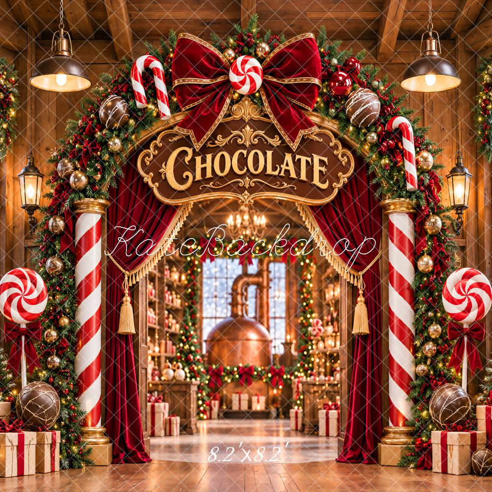Kate Christmas Chocolate Factory Candy Cane Arch Bow Printed Backdrop Designed by Emetselch