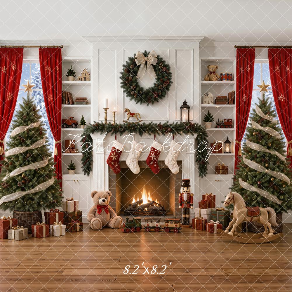 Kate Christmas Fireplace Christmas Tree Presents Rocking Horse Nutcracker Printed Backdrop Designed by Emetselch
