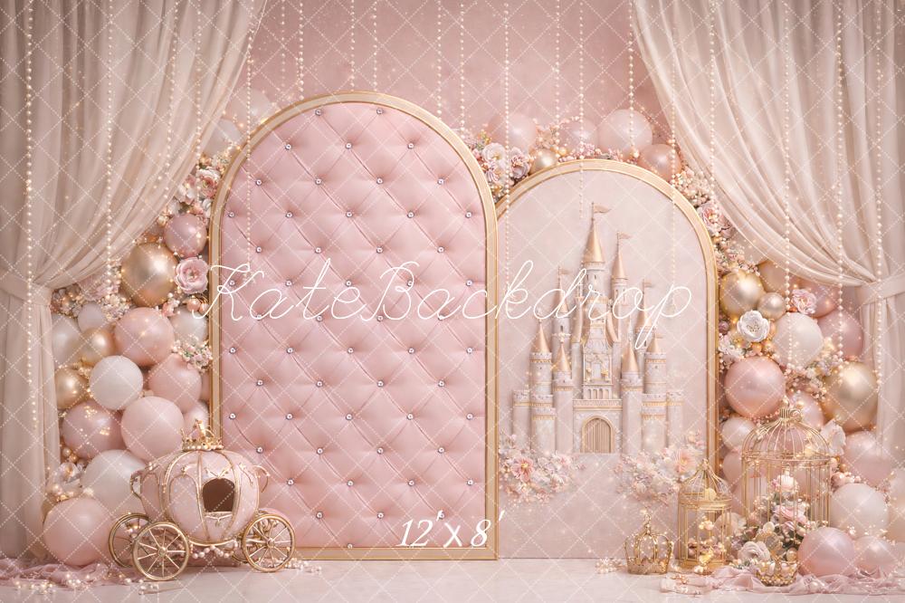 Kate Birthday Fairy Pink Princess Castle Carriage Balloon Printed Backdrop Designed by Ashley Paul