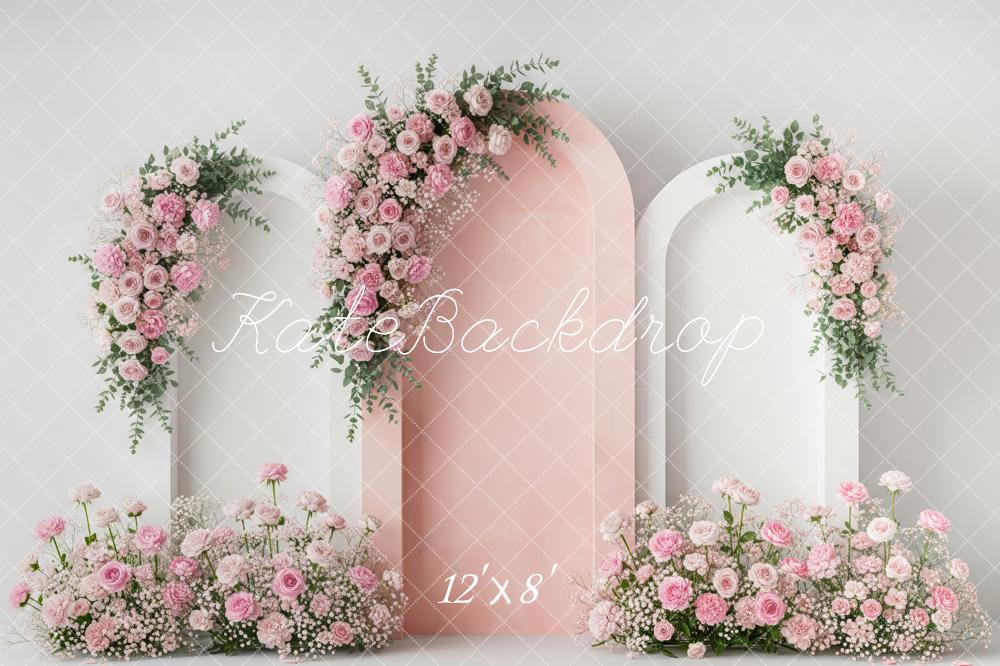 Kate Spring Pink Flower Arch With Floral Arrangements Printed Backdrop Designed by Patty Roberts