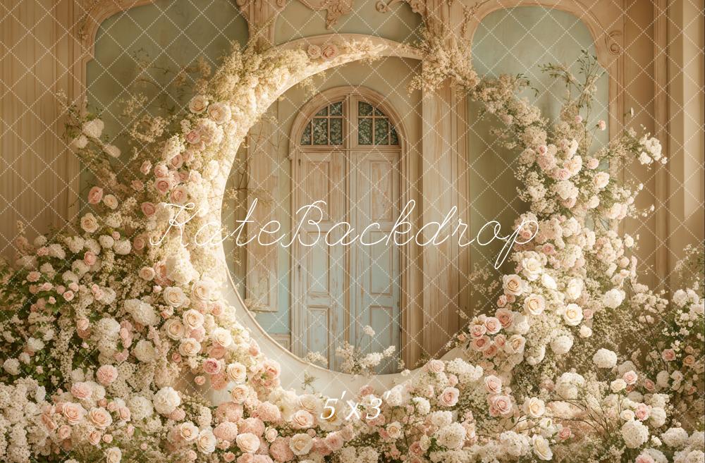 Kate Mother's Day Floral Moon Arch White Roses Wedding Printed Backdrop Designed by Emetselch