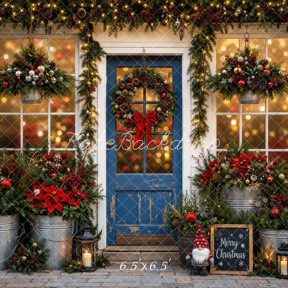 Kate Christmas Blue Door Garland Poinsettia Lanterns Printed Backdrop Designed by Emetselch