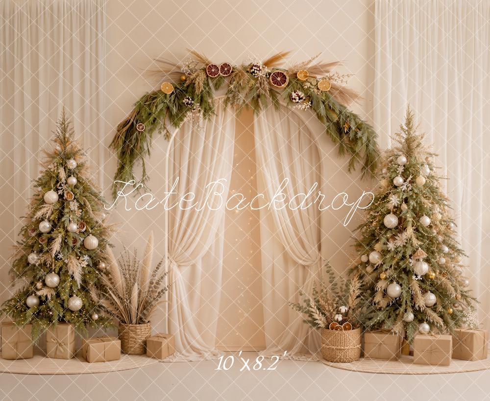 Kate Christmas Boho Flower Arch Cream Drapes Neutral Trees Printed Backdrop Designed by Emetselch