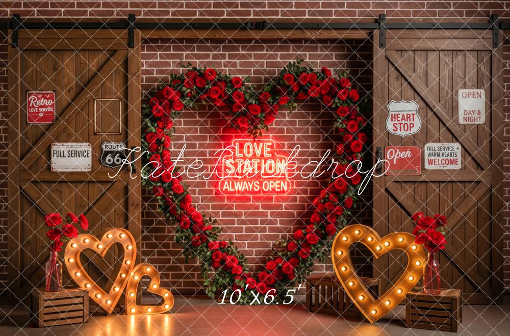 Kate Valentine's Day Heart Roses Neon Brick Wall Backdrop Designed by Patty Roberts