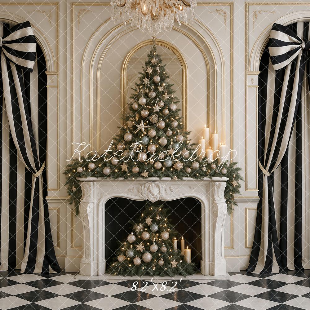 Kate Christmas Chic Black White Striped Bow Curtains Fireplace Backdrop Designed by Ashley Paul