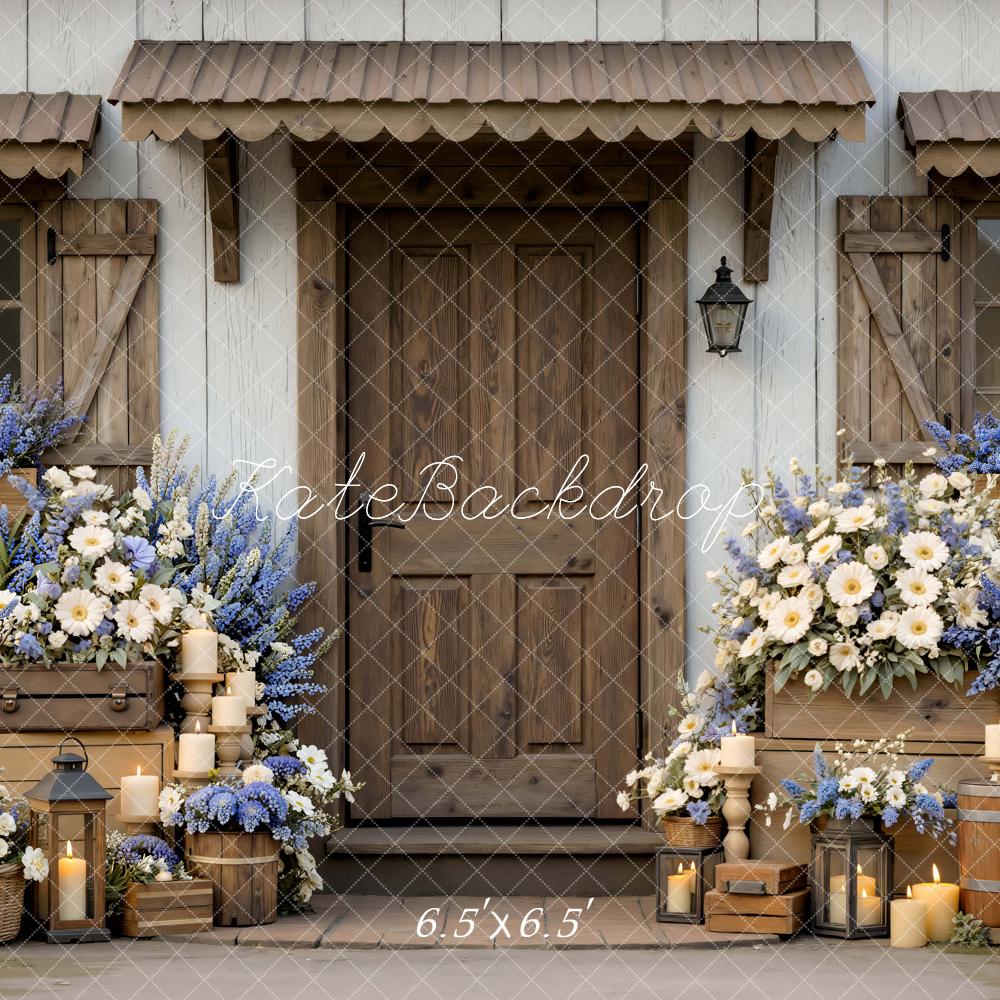 Kate Spring Rustic Porch Blue White Flowers Candles Crates Backdrop Designed by Mini MakeBelieve