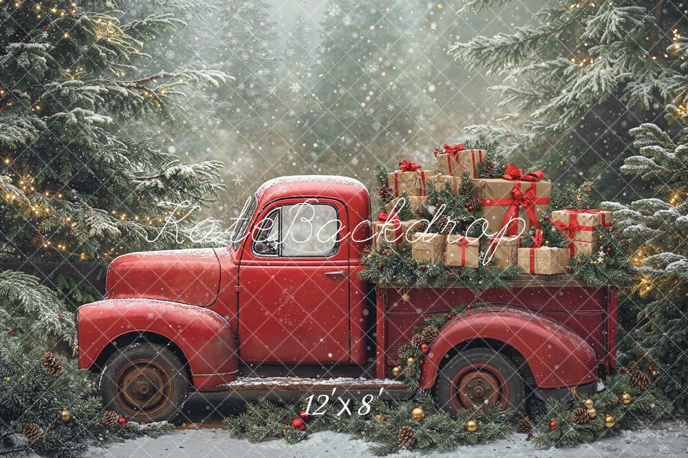 Kate Christmas Red Truck Gifts Pine Trees Snowy Backdrop Designed by Emetselch