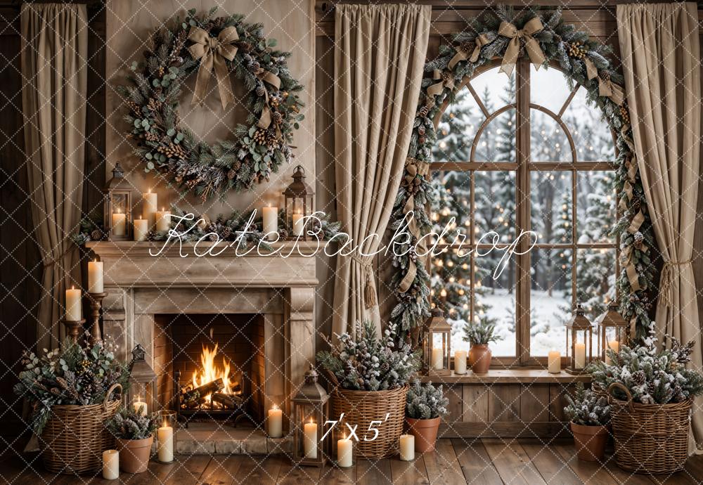 Kate Christmas Rustic Fireplace Window Wreath Printed Backdrop Designed by Emetselch