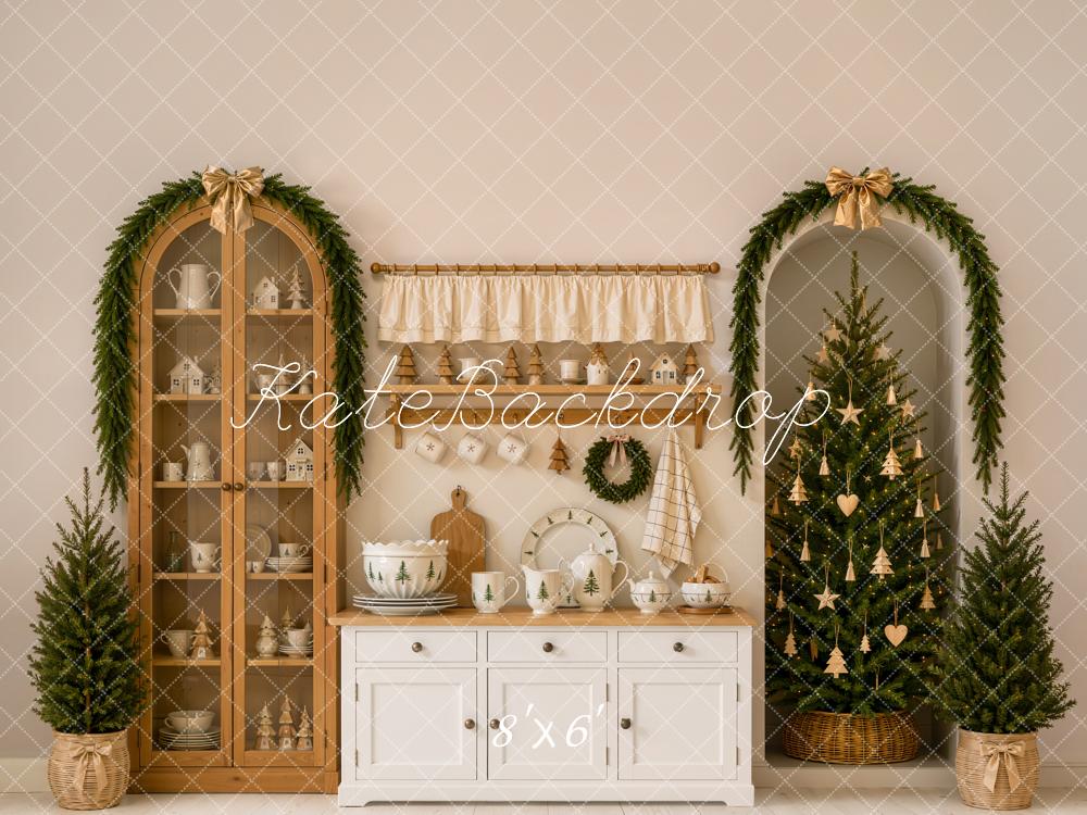 Kate Christmas Tree Modern Kitchen Cabinet Garland Gold Bow Printed Backdrop Designed by Emetselch