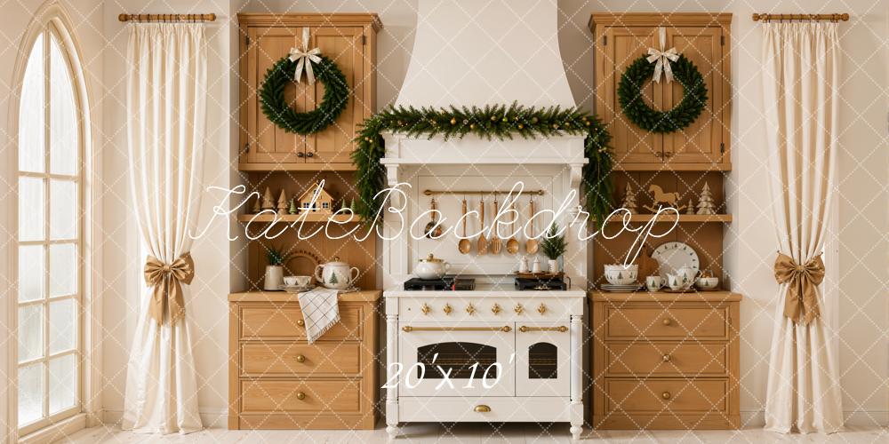 Kate Christmas Kitchen Garland Wreath Wood Cabinets Curtains Printed Backdrop Designed by Emetselch