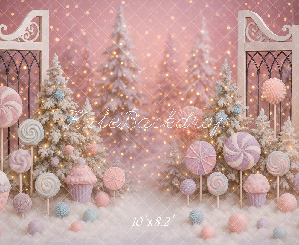 Kate Christmas Lollipops Candy Gate Pastel Trees Backdrop Designed by Ashley Paul