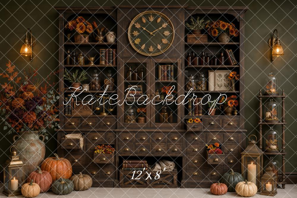 Kate Fall Vintage Apothecary Cabinet Clock Pumpkins Printed Backdrop Designed by Patty Roberts