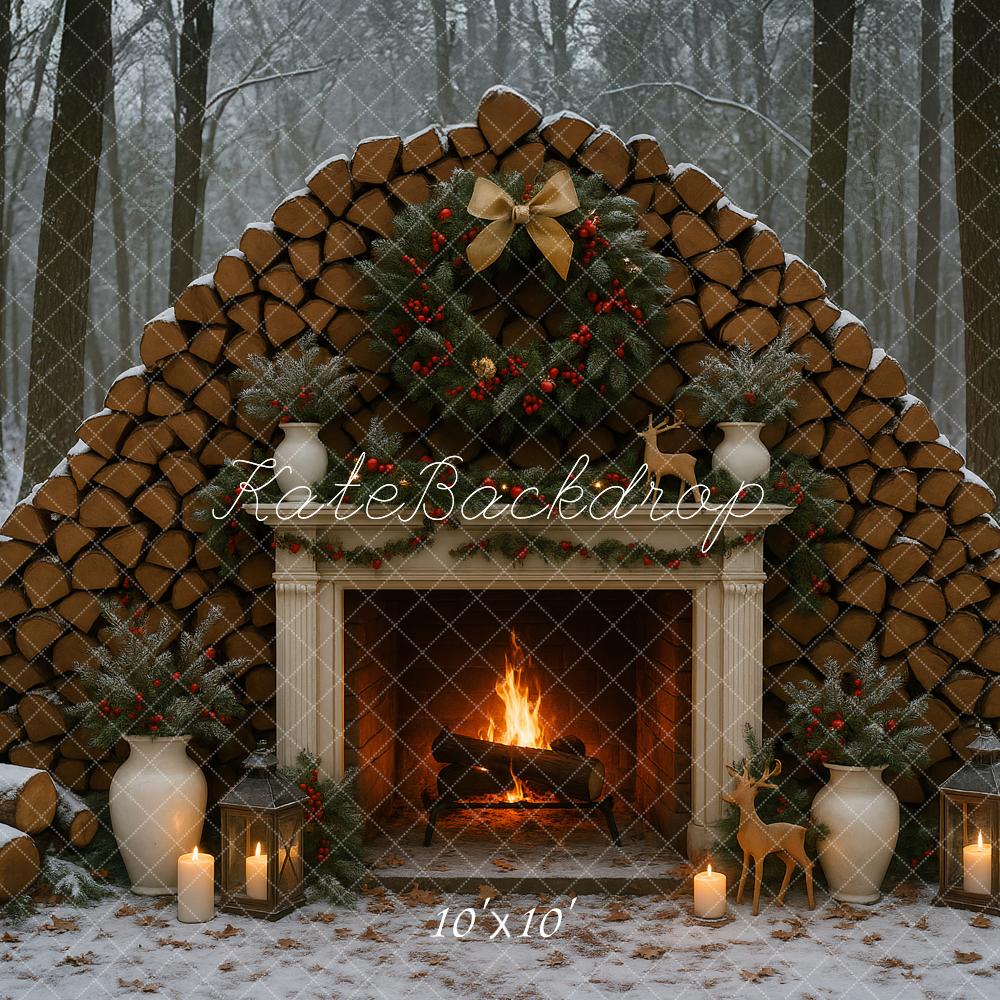 Fondo de chimenea al aire libre de invierno en el bosque diseñado por Ashley Paul