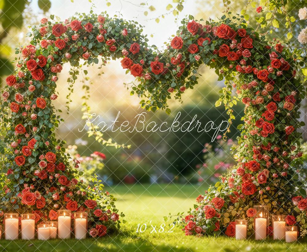 Kate Valentines Flower Arch Heart Shape Red Roses Candles Garden Backdrop Designed by Emetselch