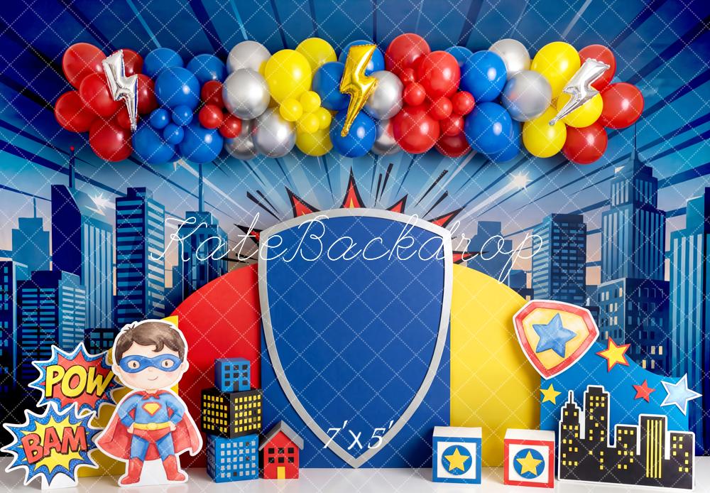 TEST Kate Superhero City Skyline Comic Balloons Shield Printed Backdrop Designed by Patty Roberts
