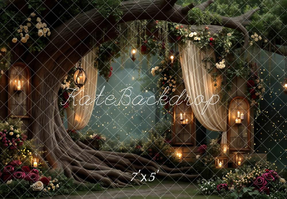 Kate Fairy Fantasy Tree Drapes Flowers Candles Printed Backdrop Designed by Mini MakeBelieve
