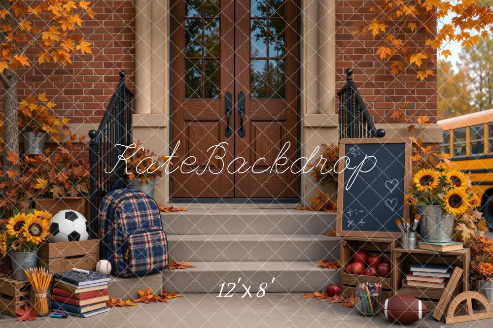 Kate Back To School Fall Brick Entrance Backpack Chalkboard Sunflowers Printed Backdrop Designed by Mini MakeBelieve