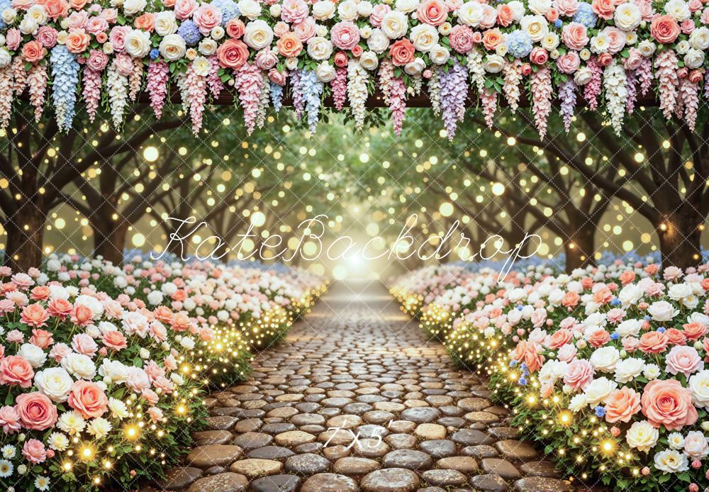 Kate Spring Flower Arch Cobblestone Pathway Bokeh Printed Backdrop Designed by Mini MakeBelieve
