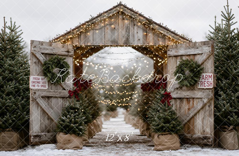 Kate Christmas Tree Farm Rustic Wood Barn Printed Backdrop Designed by Emetselch