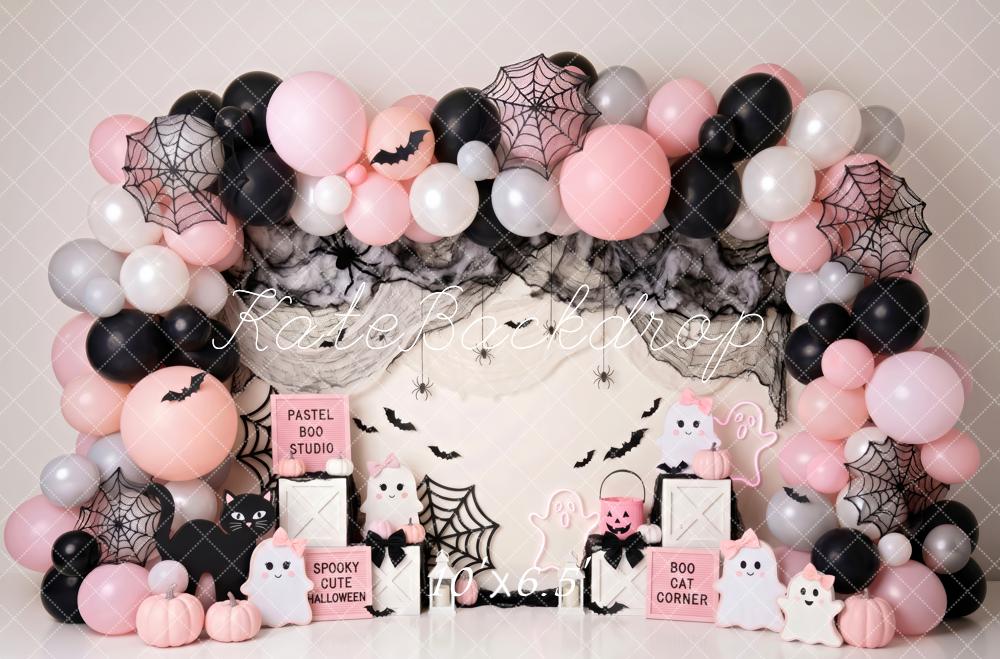 Kate Halloween Cake Smash Pink Balloon Arch Spider Web Bats Printed Backdrop Designed by Patty Roberts