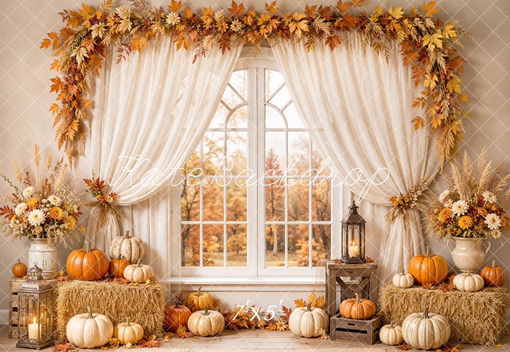 Kate Fall Window White Curtains Pumpkins Hay Bale Maple Garland Printed Backdrop Designed by Emetselch