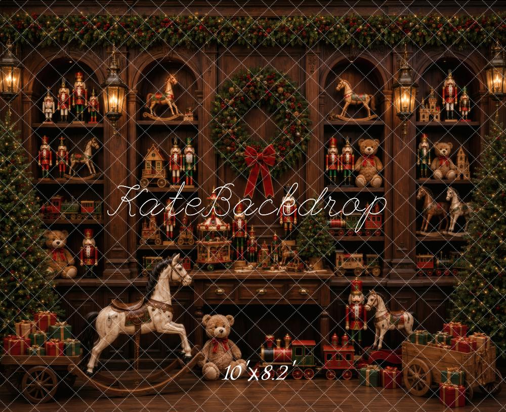 Kate Christmas Toy Shop Nutcracker Rocking Horse Wreath Printed Backdrop Designed by Vertigo Productions