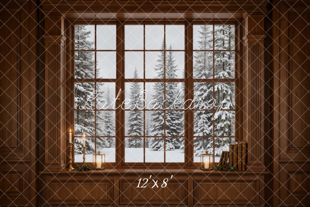 Kate Winter Window Snowy Pine Trees Vintage Wall Printed Backdrop Designed by Emetselch