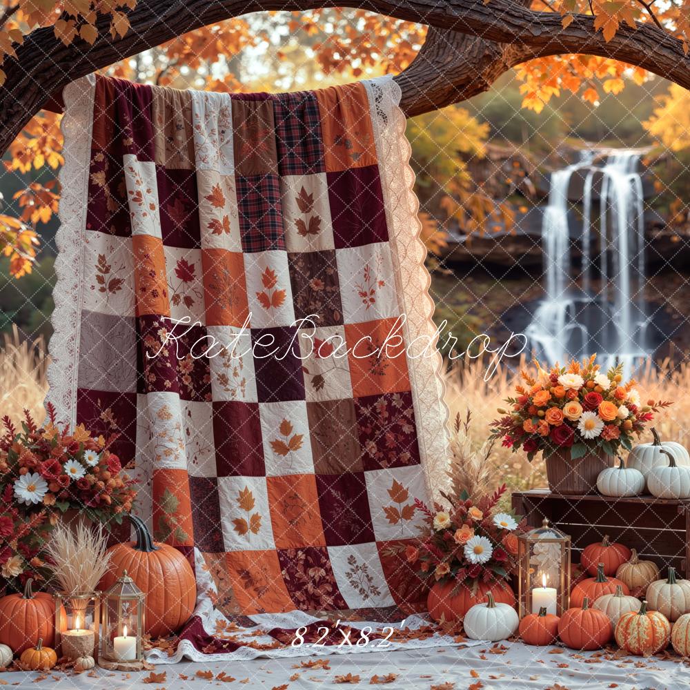 Kate Fall Blanket Branch Arch Pumpkins Waterfall Floral Printed Backdrop Designed by Mini MakeBelieve