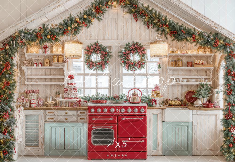 Kate Christmas Kitchen Cabinets Garland Wreath Red Stove Backdrop Desi