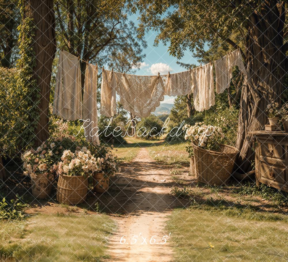Kate Summer Country Path Laundry Clothesline Floral Baskets Backdrop Designed by Emetselch