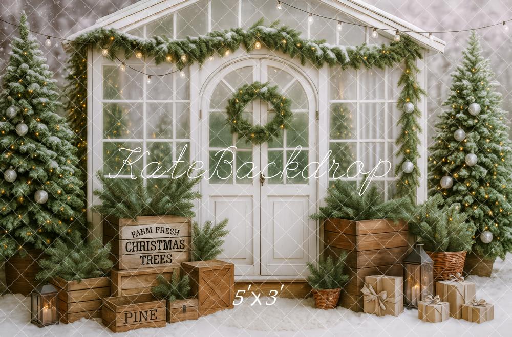 Kate Christmas Greenhouse Pine Trees Garland Crates Backdrop Designed by Patty Roberts