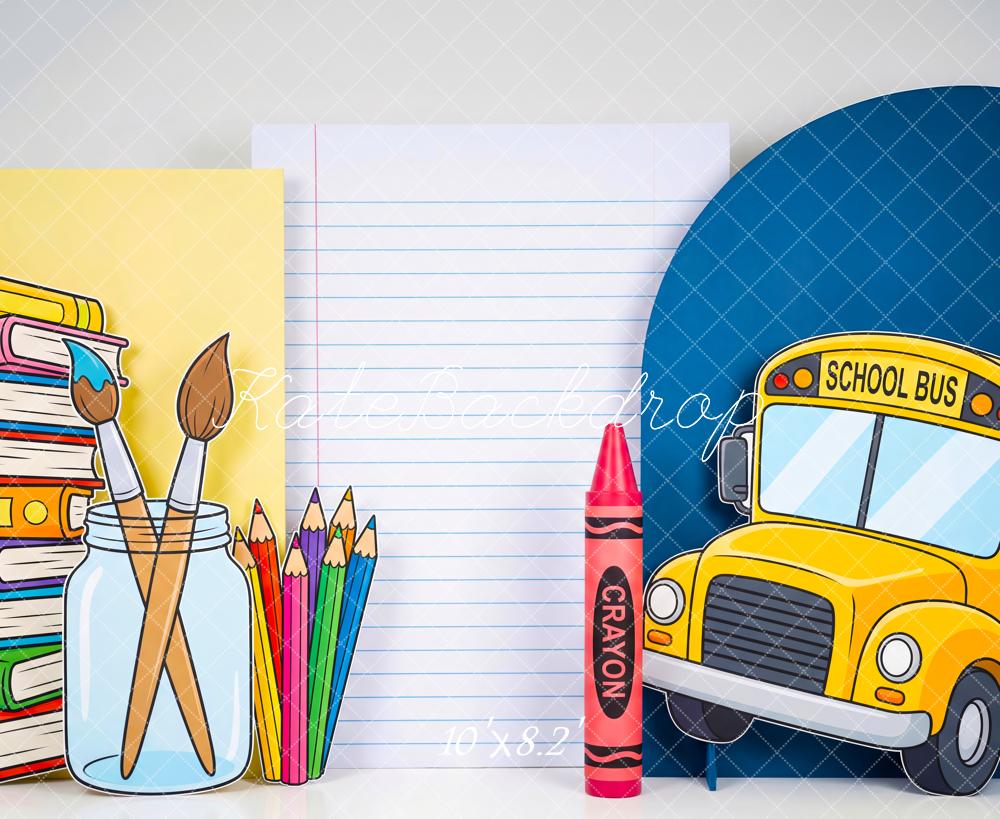Kate Back to School School Bus Books Art Supplies Crayon Printed Backdrop Designed by Patty Roberts