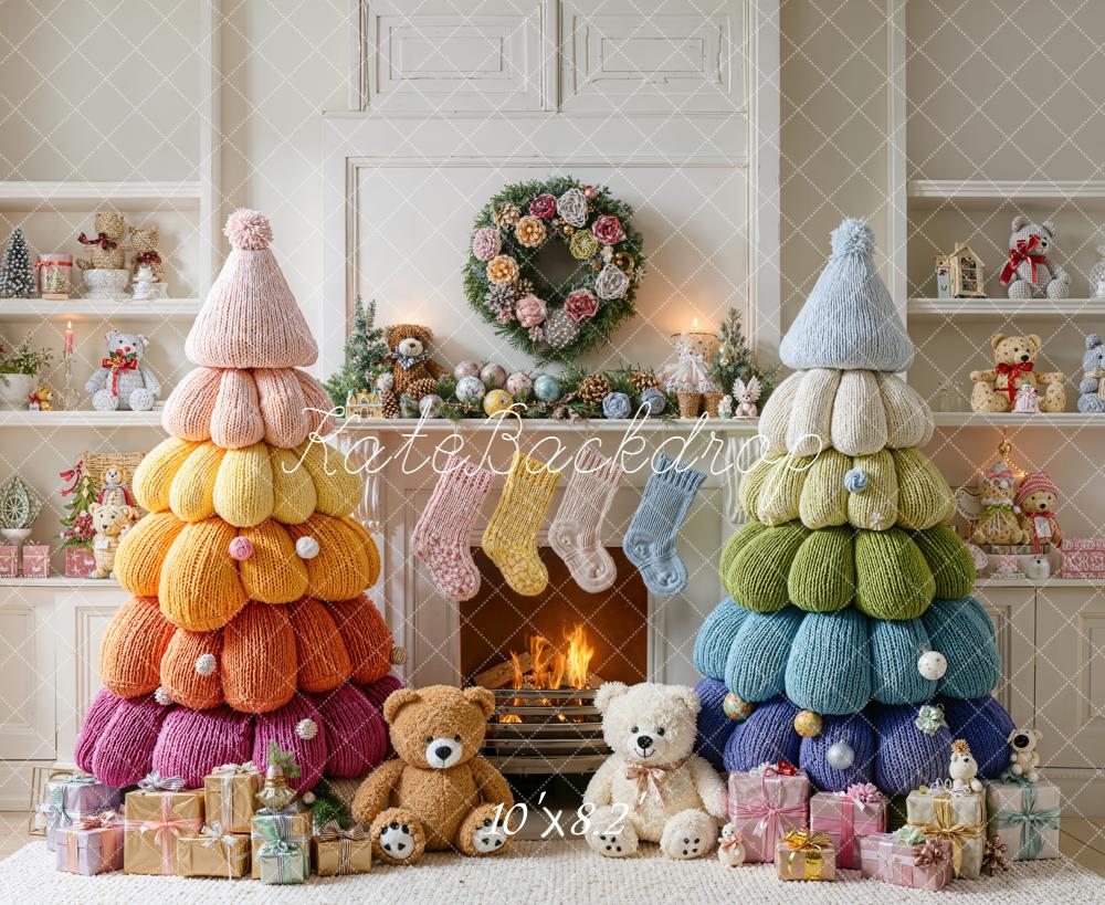 Kate Christmas Knitted Rainbow Trees Fireplace Teddy Bears Backdrop Designed by Emetselch