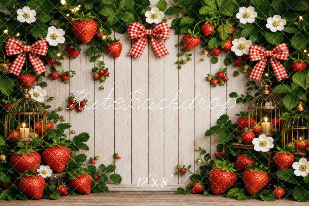 Kate Summer Strawberry Garland Flowers Red Bows White Wood Plank Printed Backdrop Designed by Vertigo Productions