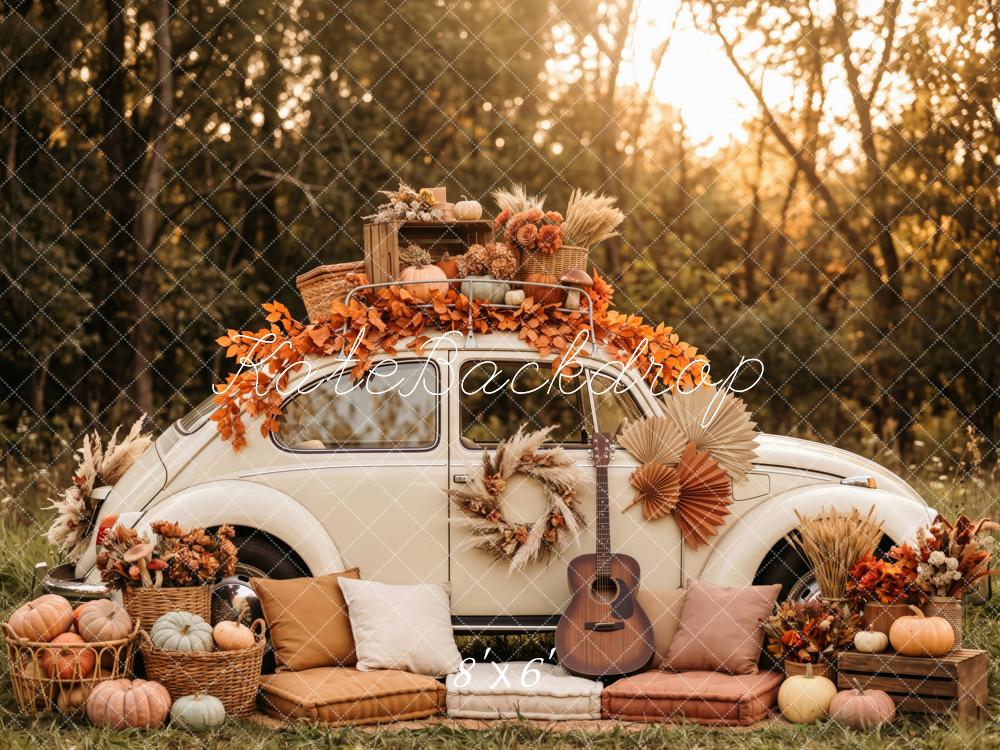 Kate Fall Woodland Vintage Car Pumpkins Guitar Maple Leaves Cozy Printed Backdrop Designed by Patty Roberts