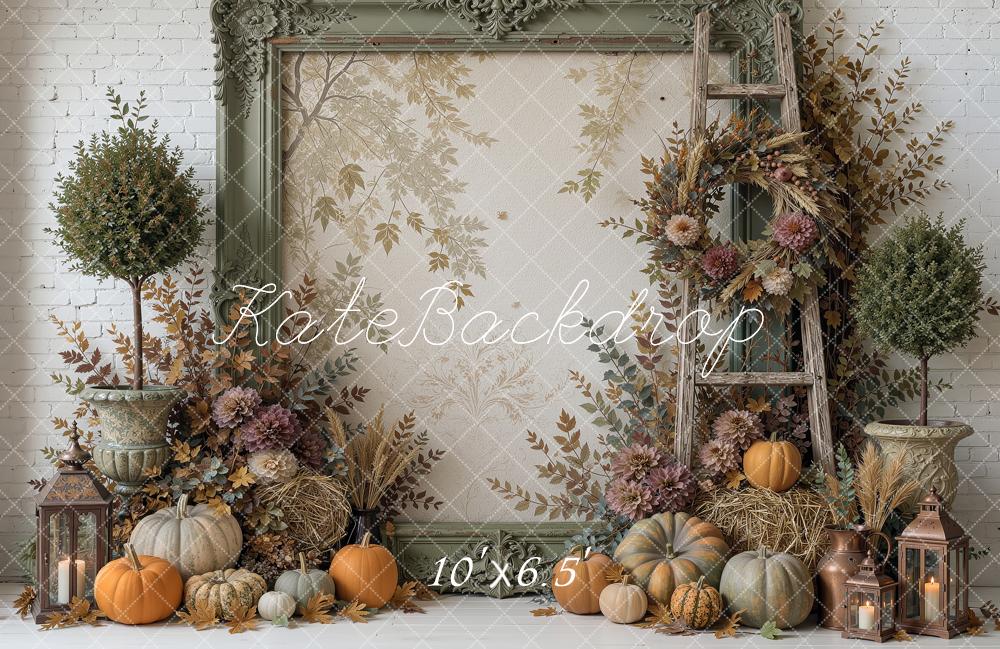 Kate Fall Pumpkin Lantern Wreath Ladder Vintage Frame The Forgotten Copiary Printed Backdrop Designed by Ashley Ward