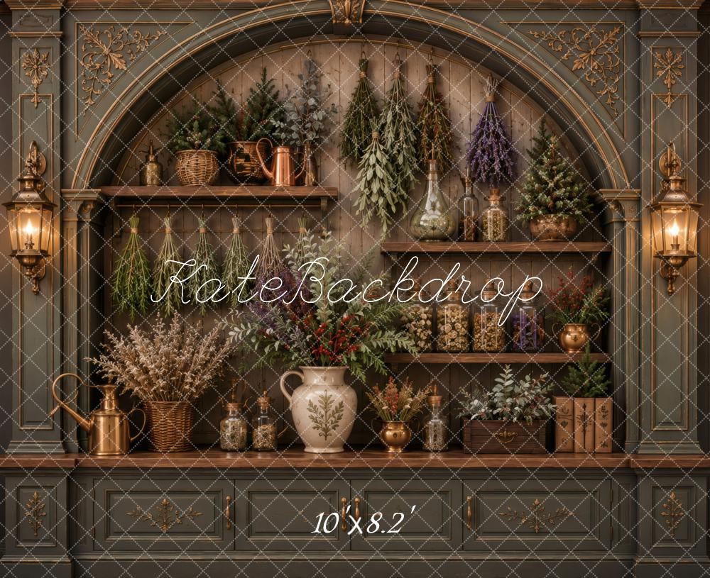 Kate Vintage Green Arch Shelves Hanging Herbs Cabinet Printed Backdrop Designed by Vertigo Productions