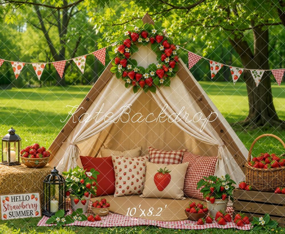 Kate Summer Strawberry Tent Picnic Wreath Forest Printed Backdrop Designed by Emetselch