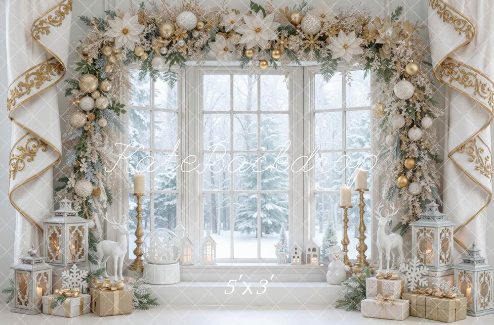 Kate Christmas White Gold Floral Window Arch Printed Backdrop Designed by Mini MakeBelieve